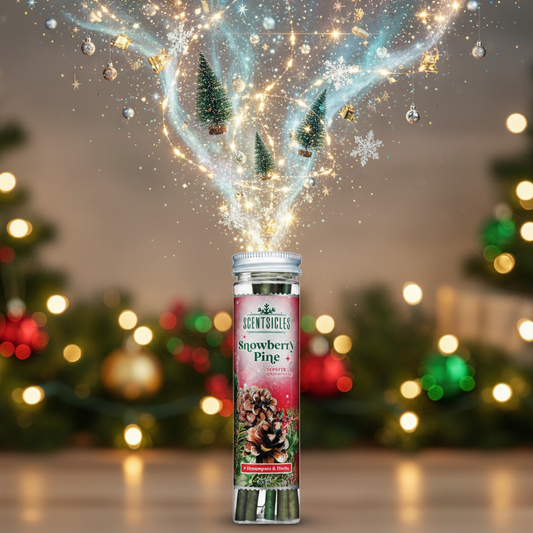 A clear tube with a red and green label showcasing 'Scentsicles Snowberry Pine Scent' with images of pine cones and holly. The tube contains green scented sticks for hanging on a tree.