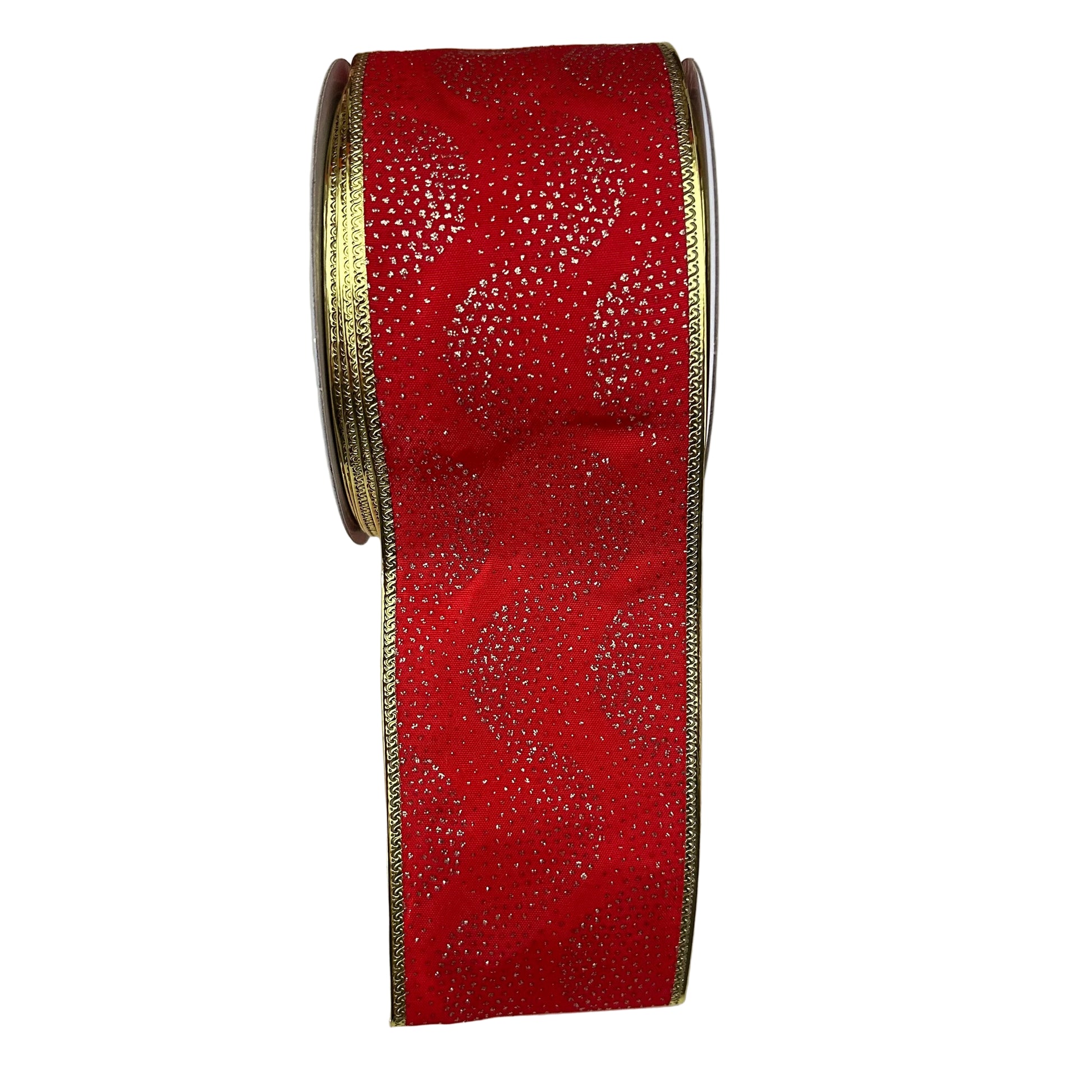 Red ribbon with gold edge on a white surface