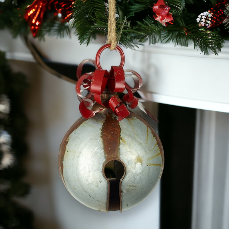 Vintage Style Large Silver and Red Christmas Bell Decoration