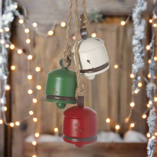 Red, White and Green Rustic Hanging Christmas Bells