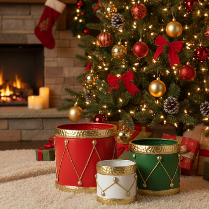 Set of 3 Christmas Drum Design Metal Containers