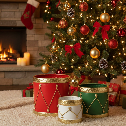 Set of 3 Christmas Drum Design Metal Containers