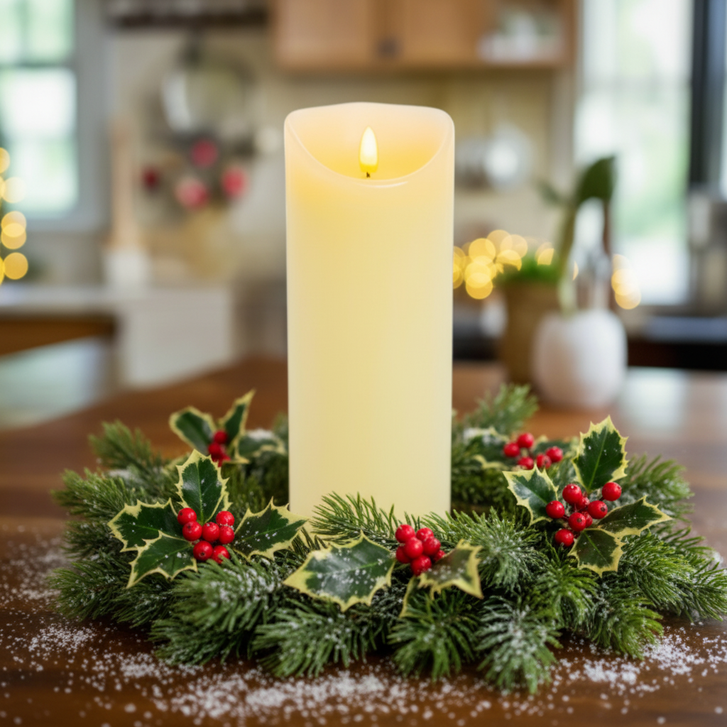 A cream-colored candle on a wooden surface with a blurred kitchen background.