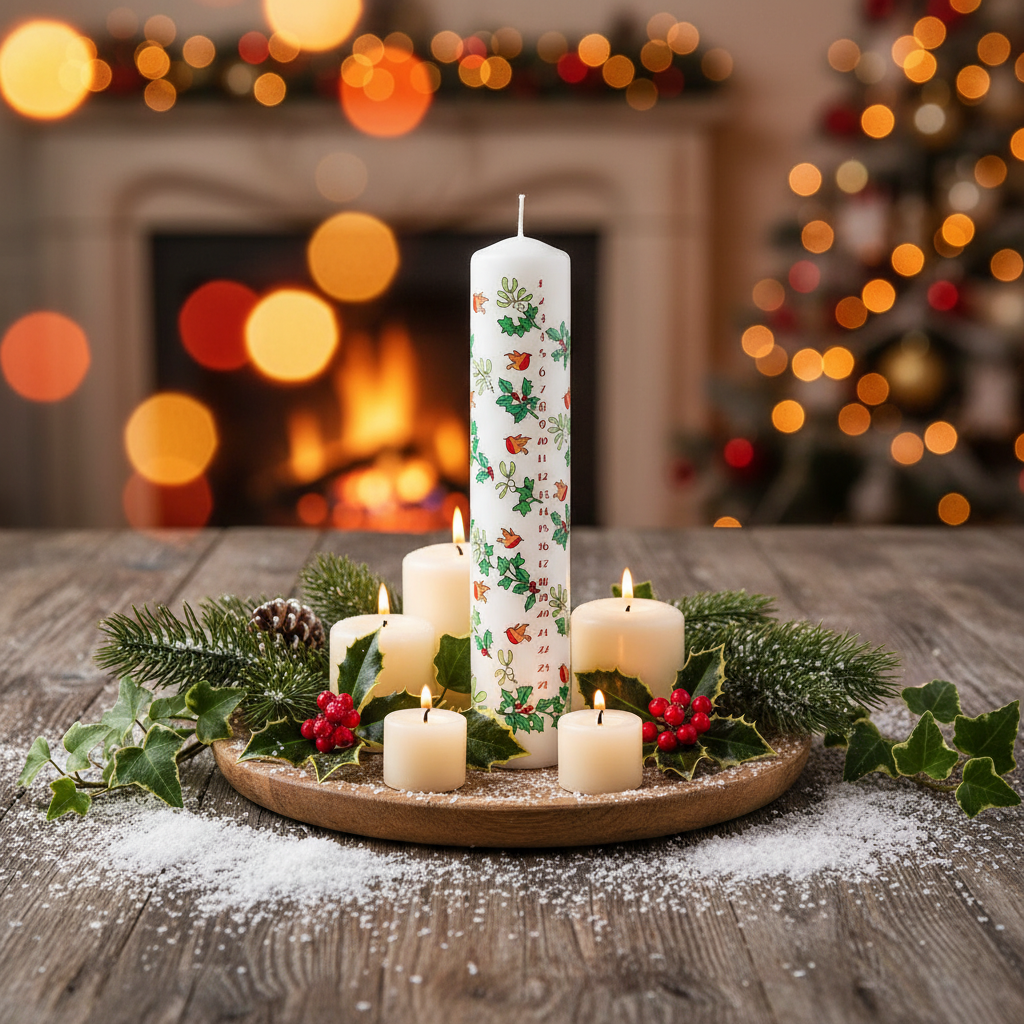 A white pillar candle with a design of holly, ivy, and small robins.