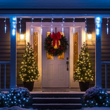 A string of blue and white LED icicle lights against a dark background.