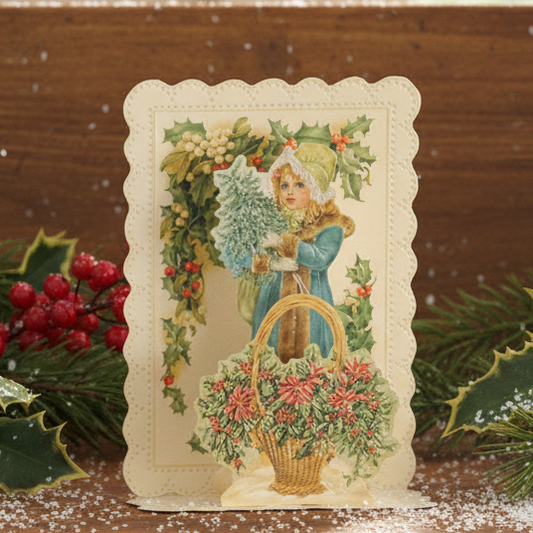 Girl with Flowers and Holly Christmas Cascade Card