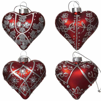 Ornate Red and Silver Heart Christmas Tree Bauble Set