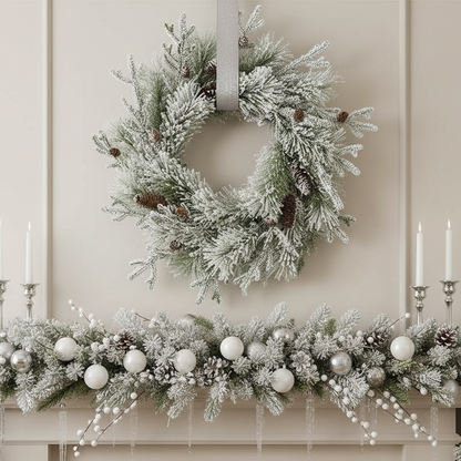 A circular wreath made of pine cones and artificial greenery with a snowy appearance, designed for indoor use.