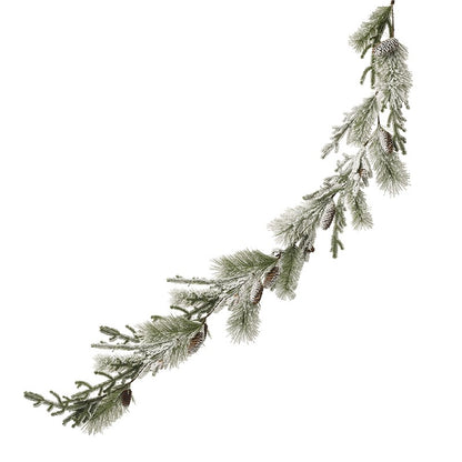A garland of pinecones and artificial foliage with a sprinkling of snow, designed for Christmas decoration.