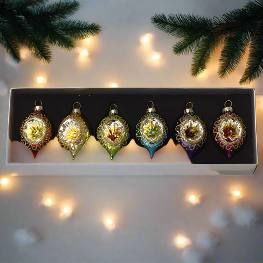 Set of 6 colorful glass bauble ornaments with a vintage design, displayed in a box with a gold-colored hanging string.