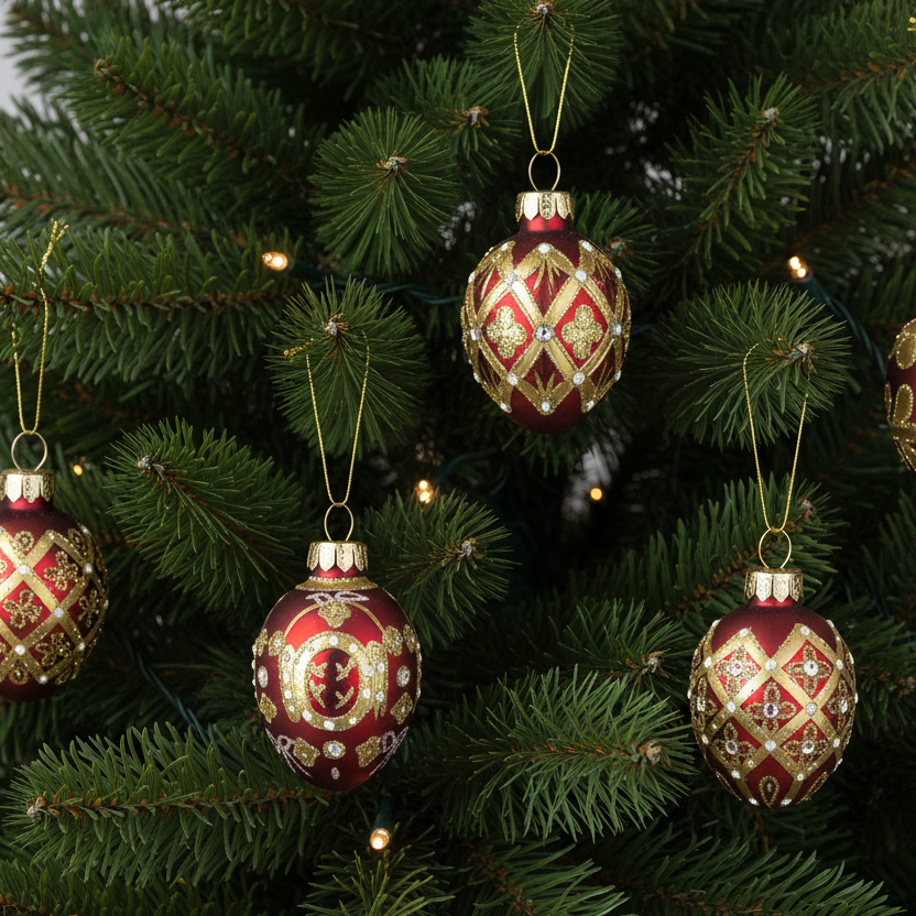 Vintage Style Red and Gold Glass Christmas Tree Bauble Set