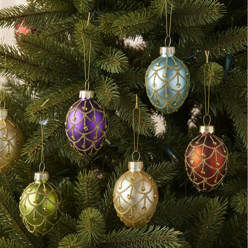 Set of 6  Vintage Style Ornate Glass Christmas Tree Baubles