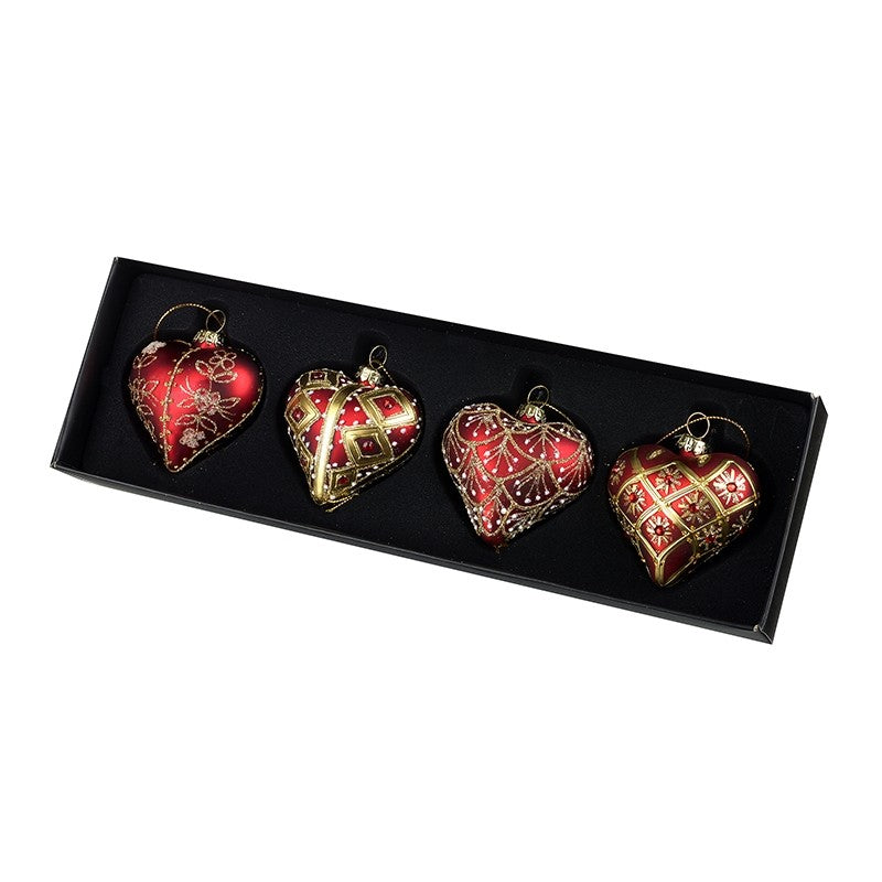 Ornate Red and Gold Heart Bauble Set
