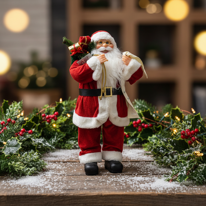 A red-colored Santa figurine standing 40cm high, dressed in a classic Santa outfit, holding a name list and a sack full of presents.