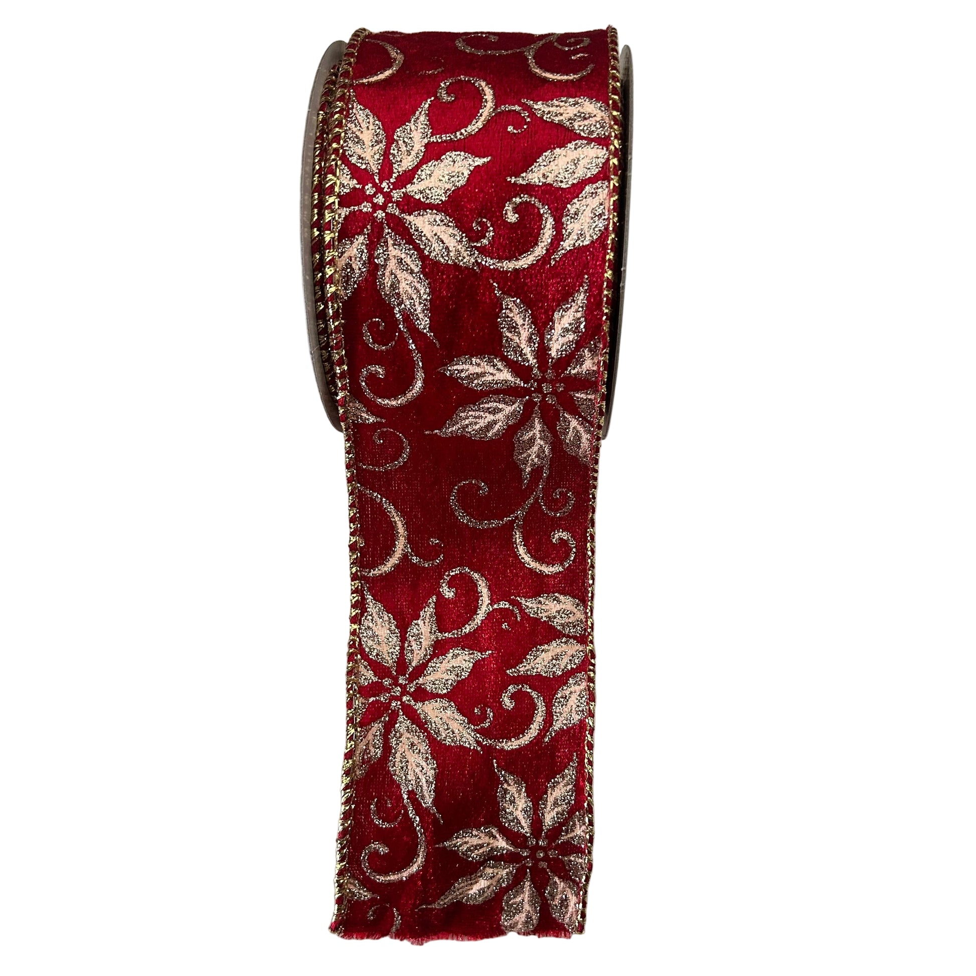 Red ribbon with gold floral patterns on a white background