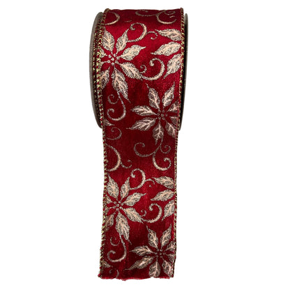 Red ribbon with gold floral patterns on a white background