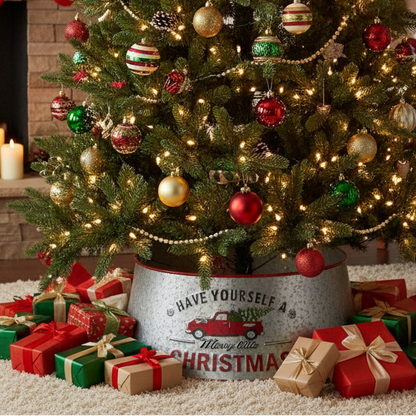 Decorated Christmas tree with ornaments and lights, surrounded by presents in a festive setting.