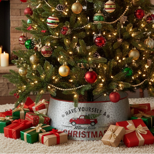 Decorated Christmas tree with ornaments and lights, surrounded by presents in a festive setting.