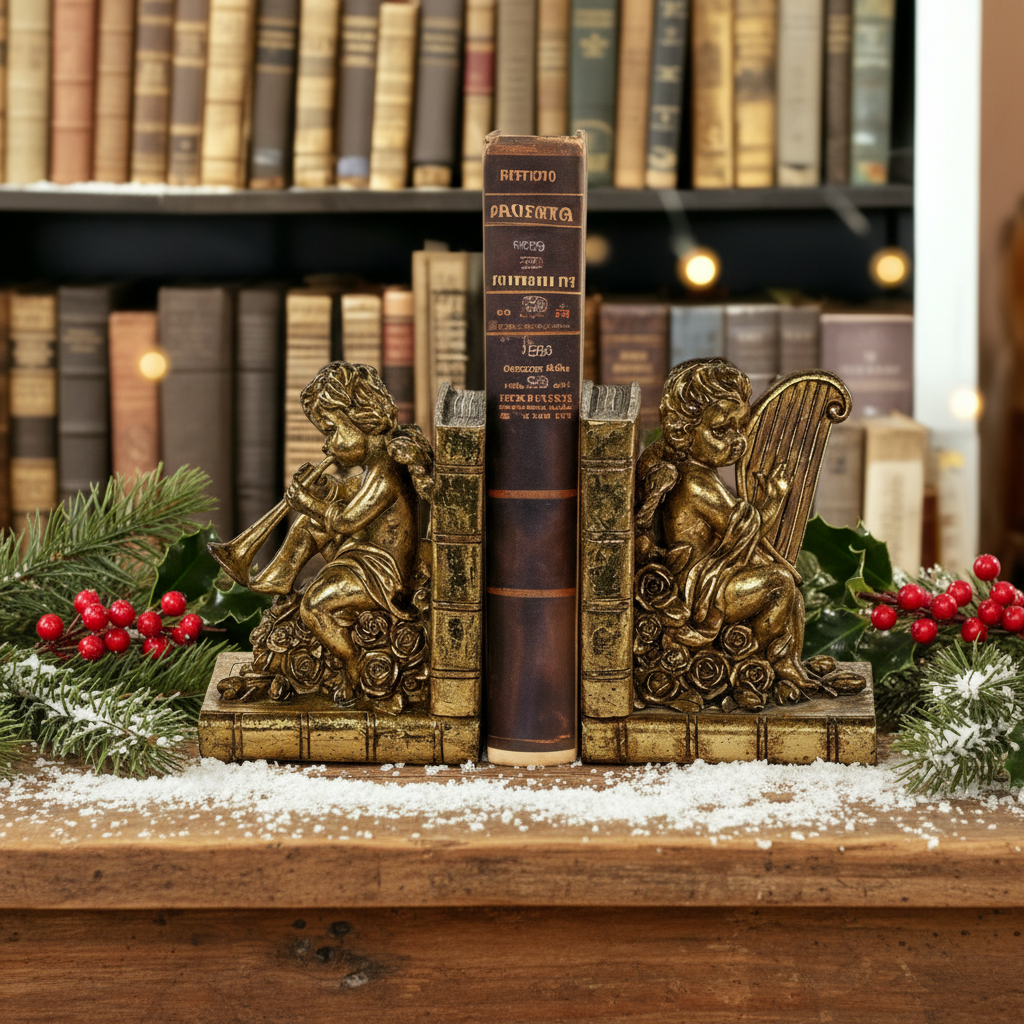 Two vintage gold cherub bookends with one bookend showing an angel playing a musical instrument and the other bookend showing an angel holding a harp. Both bookends are placed on a white surface with a background of books.
