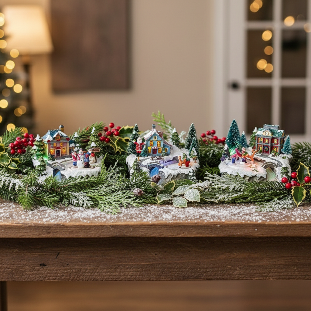 A set of three decorative Christmas village scenes with rotating characters, each featuring a different village layout and surrounded by a rocky border.
