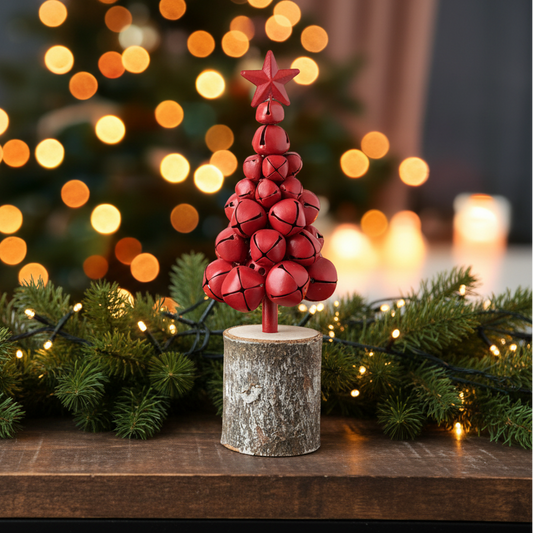 Red Metal Christmas Bells Tree on Wooden Log