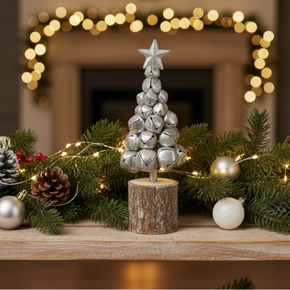 Silver Christmas Bells Tree on Wooden Log
