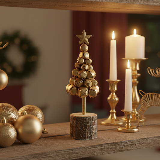 Gold Metal Christmas Bells Tree on Wooden Log