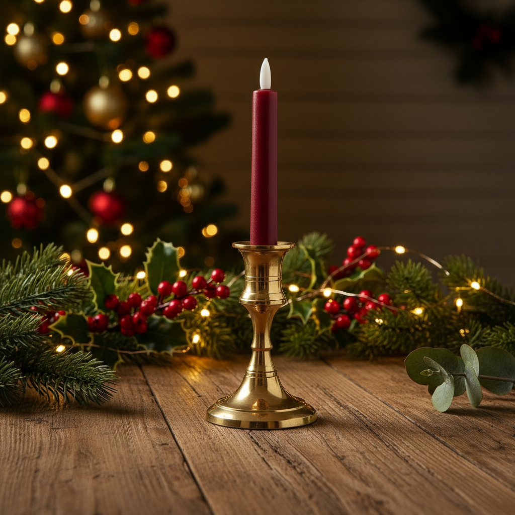 A red wax LED Christmas dinner candle with a white base, designed to resemble a traditional candle.