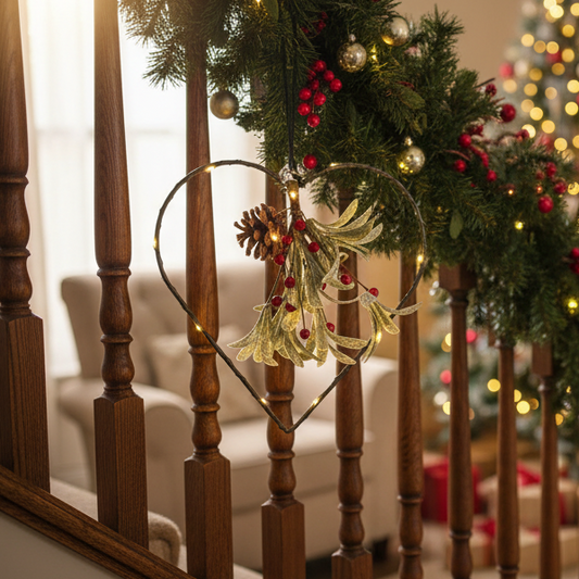 Christmas 25cm Heart with Mistletoe and Red Berries LED Lit