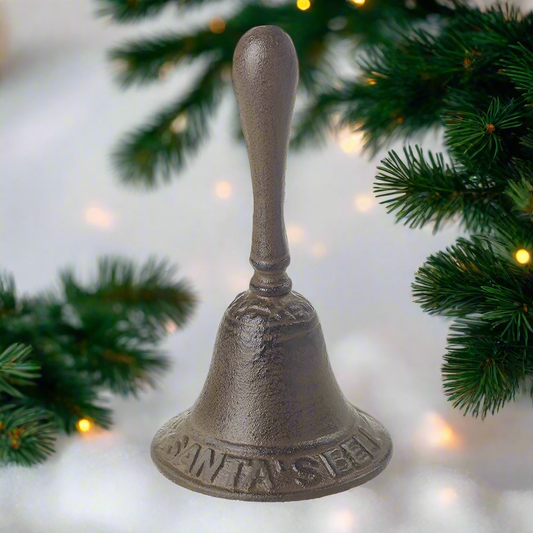 A brown metal bell with the text 'SANTA'S BELL' cast on the surface.