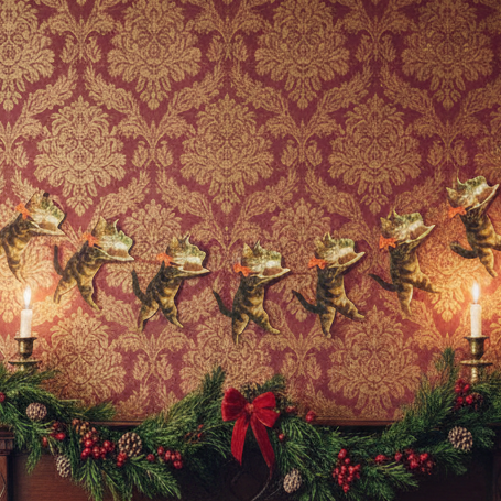 A paper garland featuring multiple motifs of cats with Christmas puddings, strung together with red string.