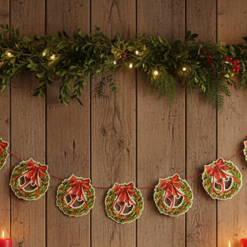 A paper garland featuring wreaths with red bows, strung together on a red thread.