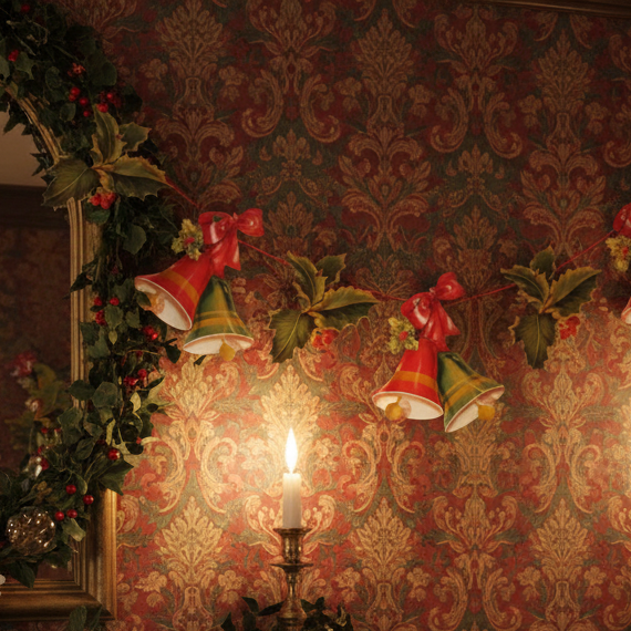 A paper garland featuring a series of Christmas-themed decorations, including holly, bells, and festive motifs, strung on red string.