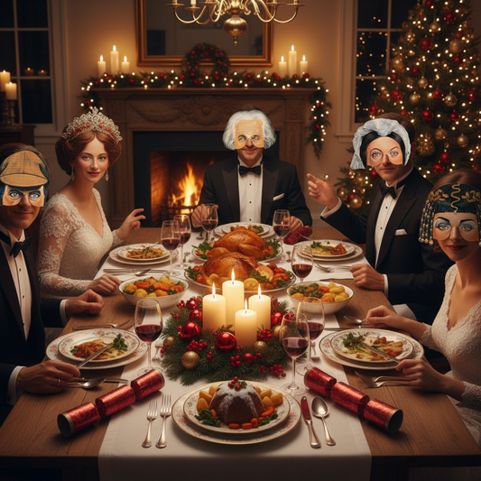 Set of paper masks with various historical or theatrical face designs on a beige background.