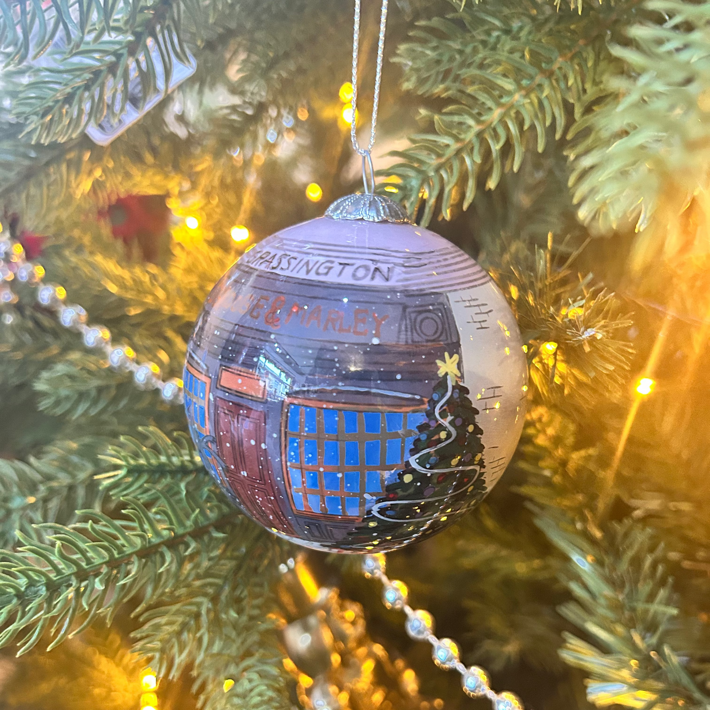 Love Christmas Shop and Scrooge Grassington Glass Bauble