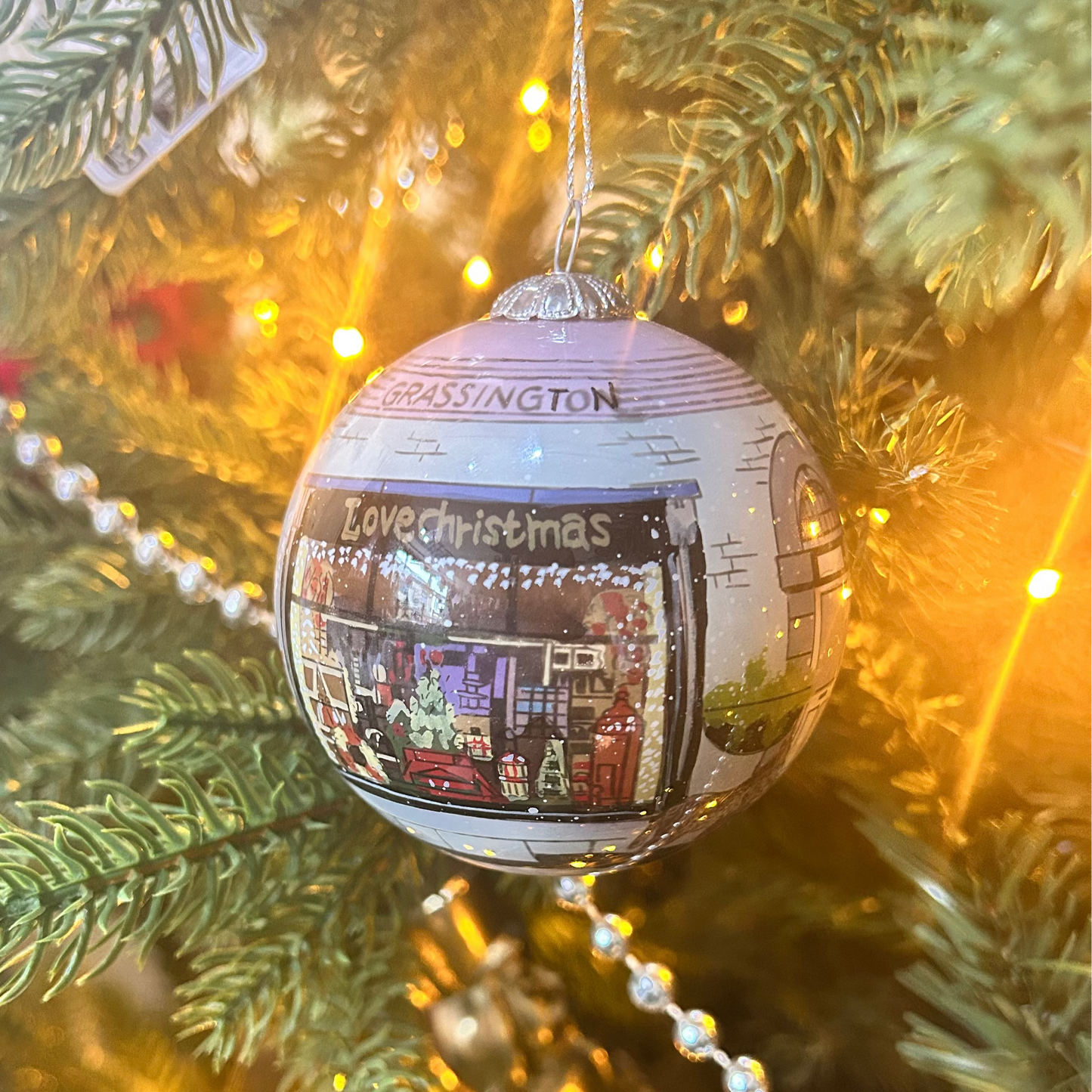 Love Christmas Shop and Scrooge Grassington Glass Bauble