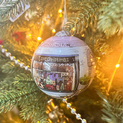 Love Christmas Shop and Scrooge Grassington Glass Bauble