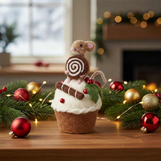 Felt Mouse on Cupcake Christmas Ornament