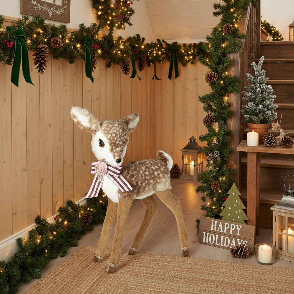 Standing Christmas Deer Decoration with Pink Rose and Bow