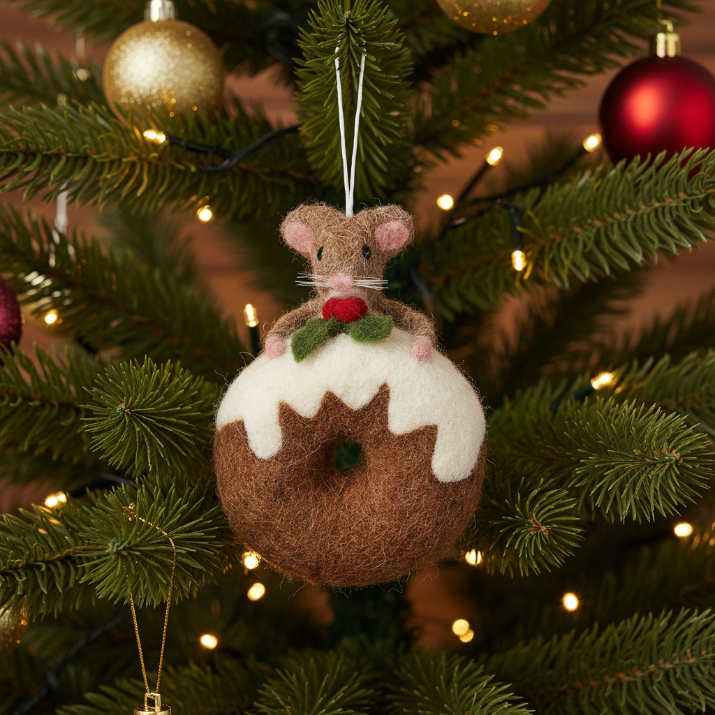 Hanging Felt Mouse with Doughnut Christmas Ornament