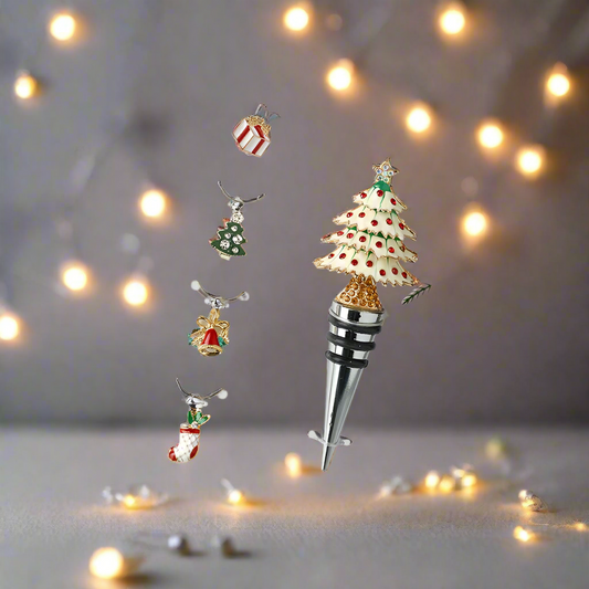 Wine Glass Charm and Christmas Tree bottle Stopper Set