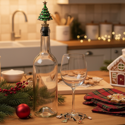 Clear wine bottle with Christmas tree stopper and matching glass on a white background