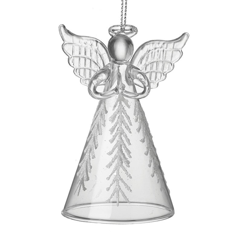 A clear glass angel figurine with intricate details and wings, designed to be hung.