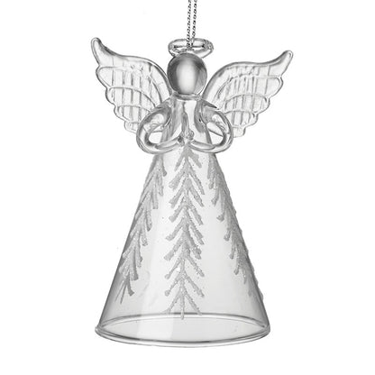 A clear glass angel figurine with intricate details and wings, designed to be hung.