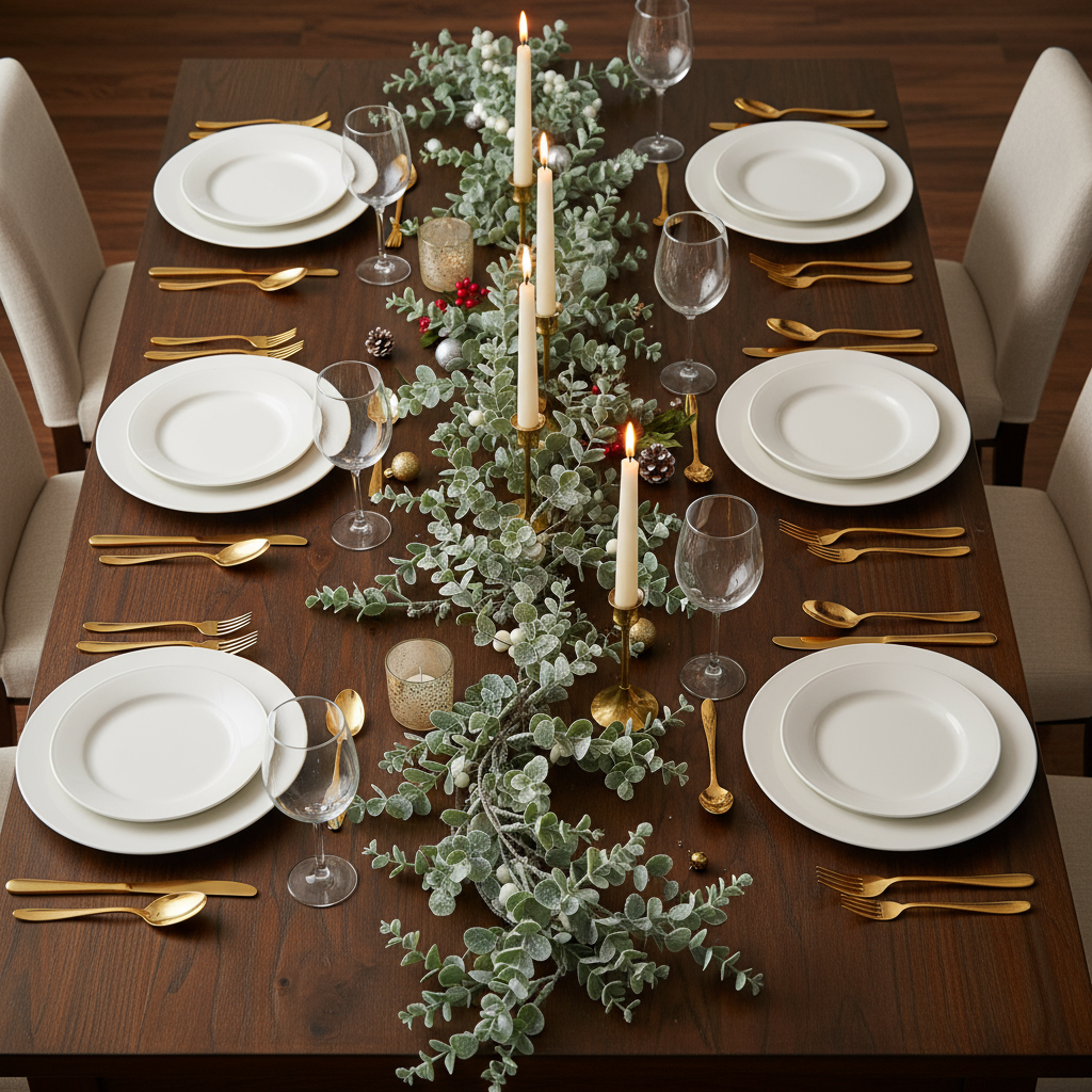 Elegant table setting with white plates, gold cutlery, and greenery on a wooden table.
