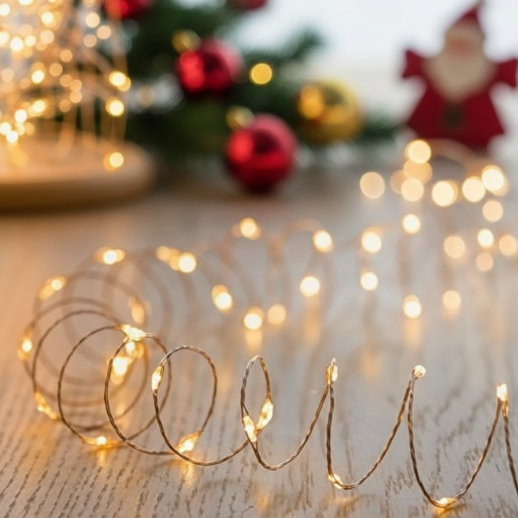A string of vintage gold microbright LED pin wire lights placed on a flat surface, emitting a warm white light.