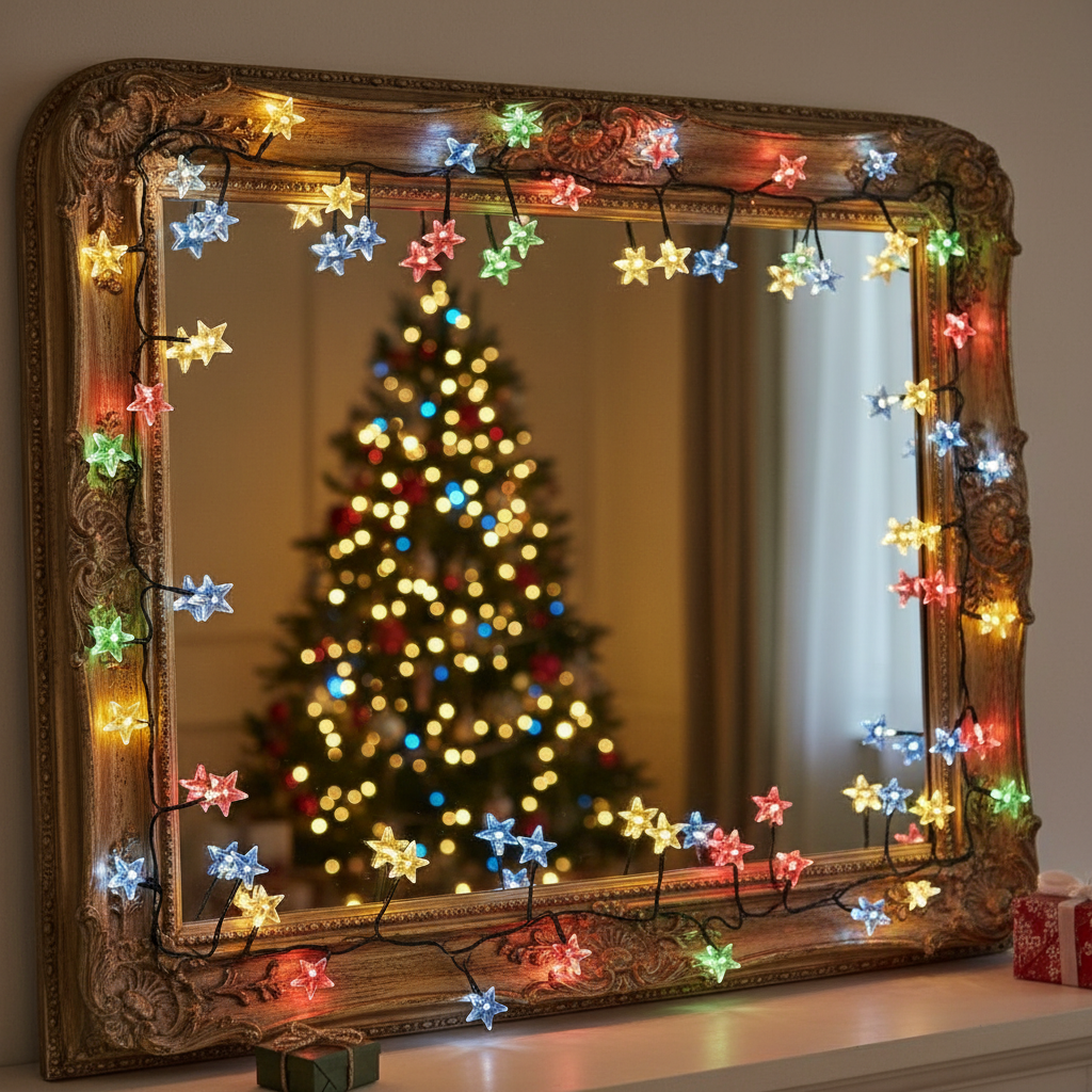 A string of multi-colored LED star lights placed on a wooden surface with a blurred Christmas tree and decorations in the background.