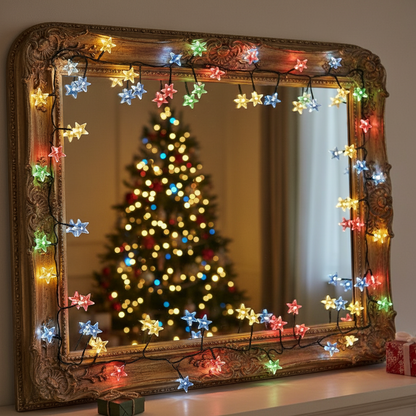 A string of multi-colored LED star lights placed on a wooden surface with a blurred Christmas tree and decorations in the background.