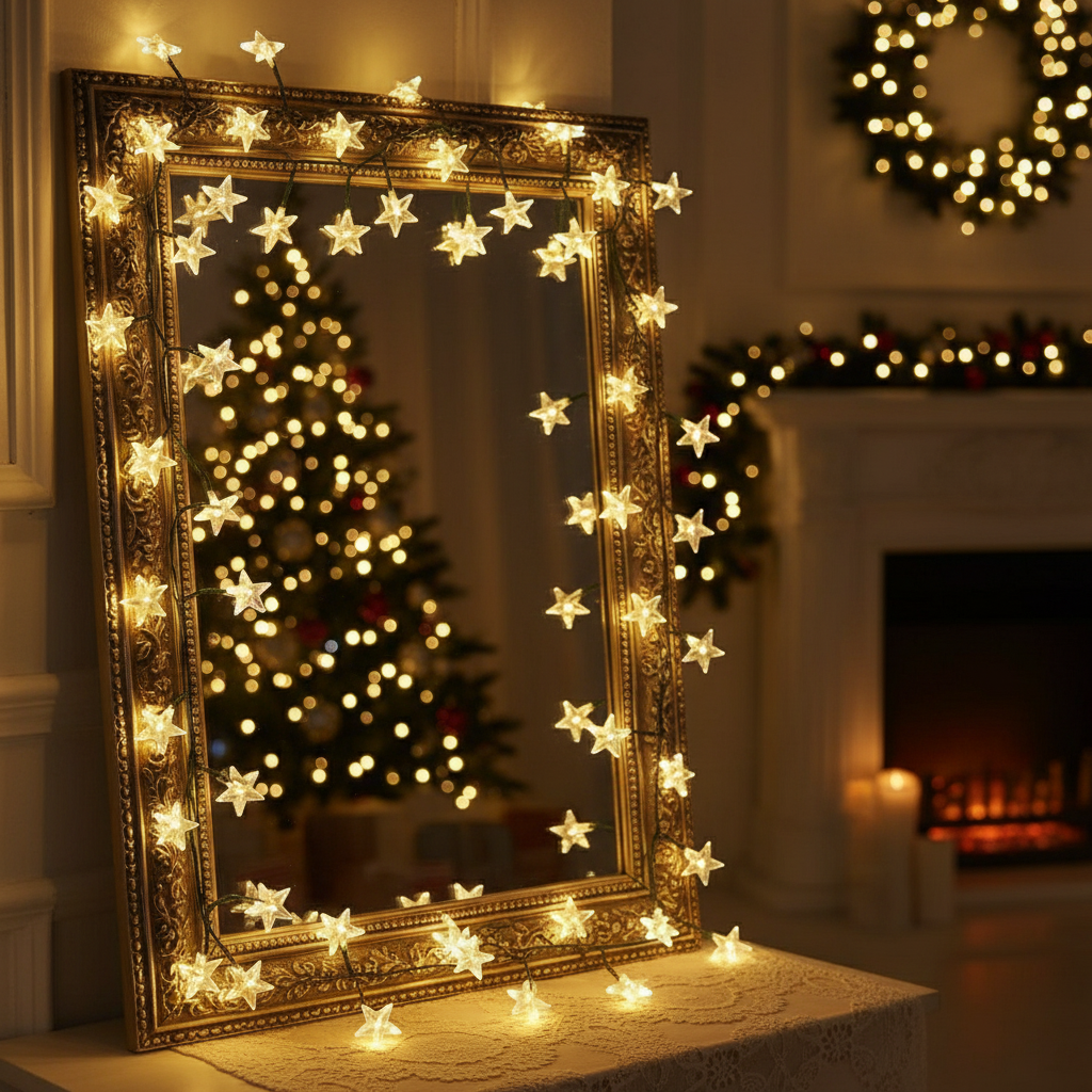 A string of warm white LED star lights on a flexible wire, set against a white background.