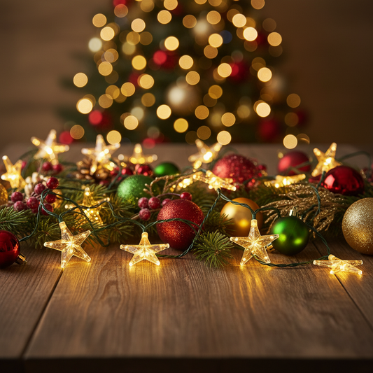 A string of warm white LED star lights on a flexible wire, set against a white background.